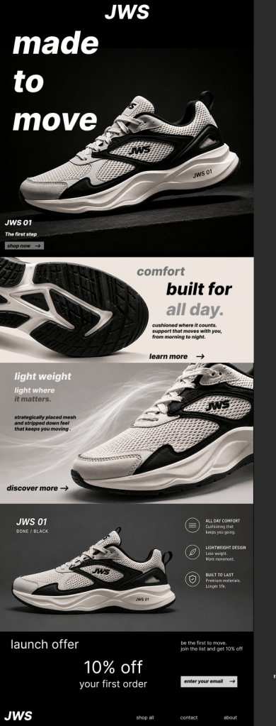 JWS 01 sneaker campaign and landing page design